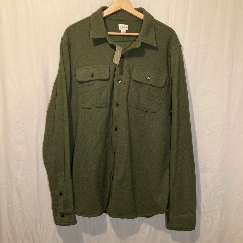 J.Crew Mens Knit Shirt Jacket Olive Green Textured Button Up Large CG161